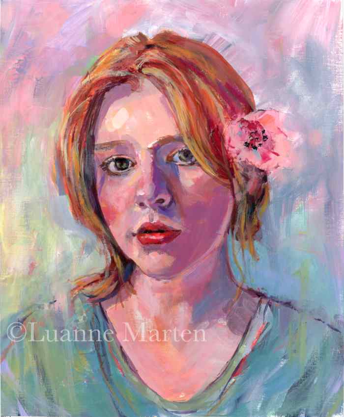 Colorful portrait painting of a young girl with a flower in her hair, signed 'Luanne Marten'.