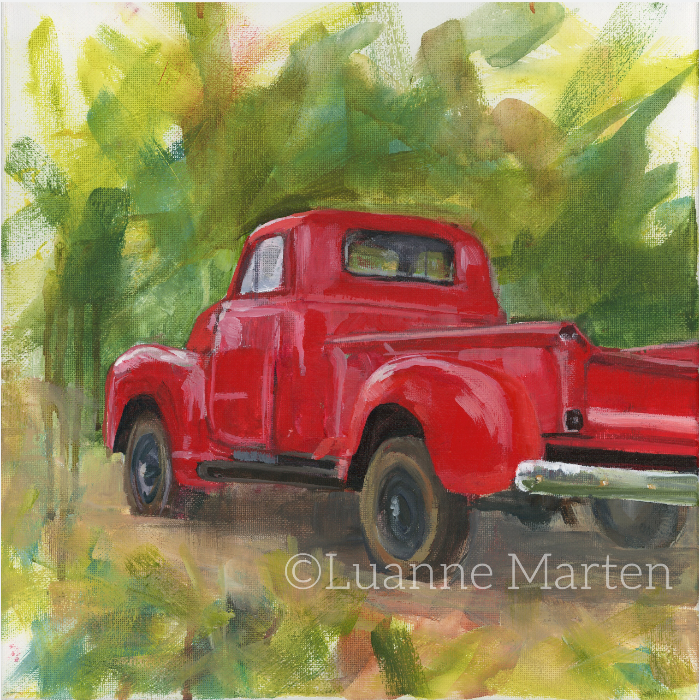 Vintage 1954 Chevy truck impressionist painting by Luanne Marten showing red pickup truck from rear view