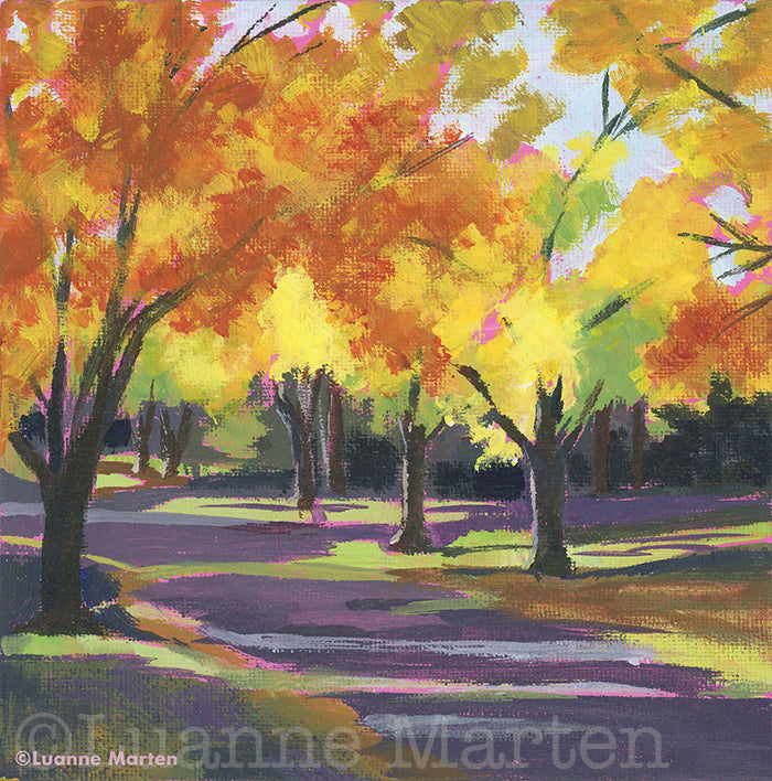 Yellow Glow fall landscape painting showing autumn trees with warm golden light filtering through branches on a Kansas City street, original acrylic art by Luanne Marten