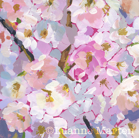 Riotous Bloomers Cherry Blossom Painting - 6x6 Acrylic Floral Impressionist Art by Luanne Marten