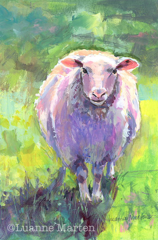 Sheep painting in acrylic facing the viewer. Colors include lime green, purple, pink, white and grass green. 