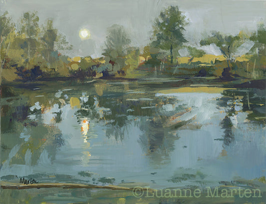 Moonrise on the Pond, loose brushstrokes expressionist painting of a moon rising over a farm pond, featuring blues, gold, deep purple, teal. Acrylic painting b yLuanne Marten
