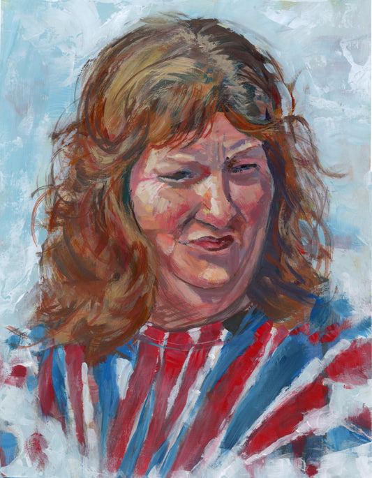 Contemporary portrait painting of woman named Marge squinting in sun, wearing red white blue striped top