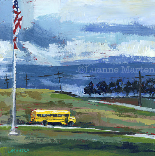 Impressionist landscape of Missouri with schoolbus, American flag, trees, sky painted by Luanne Marten in acrylic in blues, red, white, yellow, greens.