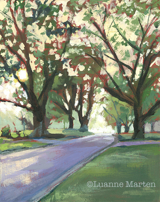 Acrylic painting of backlit trees on a street with dappled light. The sun is shining through the trees. Greens, red, purple, blue acrylic paint with brushy strokes.