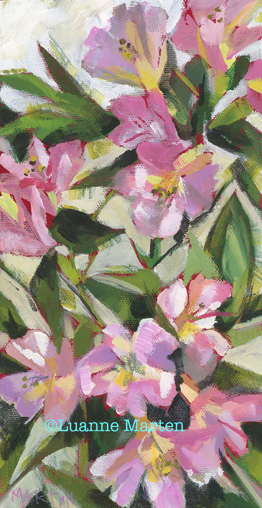 Vertical format 5x9 inch  impressionist hellebore floral painting by Luanne Marten featuring pinks, yellow, lavender, greens.