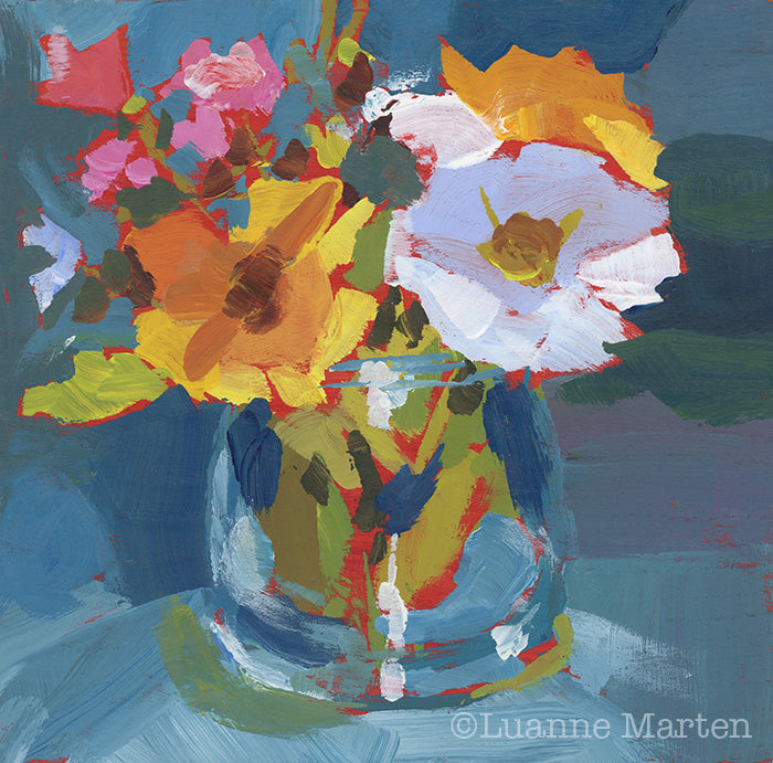 Impressionist floral painting featuring a white bloom with vibrant yellow, pink, red, green and teal colors by Luanne Marten