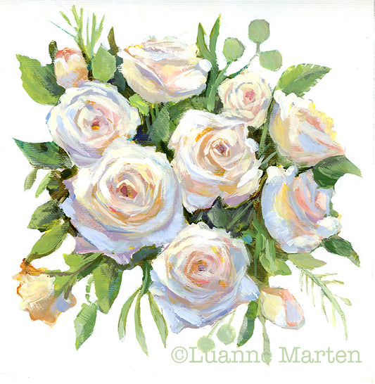 White roses impressionist painting in soft pastels by Luanne Marten, 8x8 acrylic on paper

